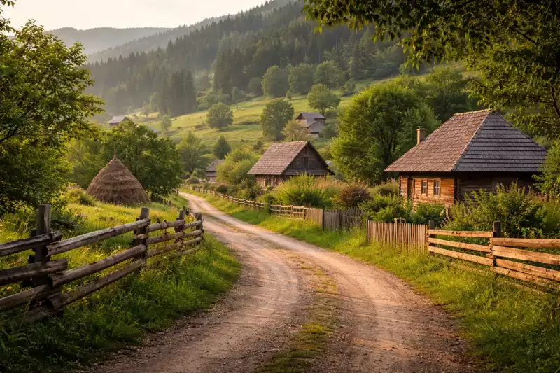 Peisaj liniștit din Bucovina, cu dealuri, sate și drum domol printre natură